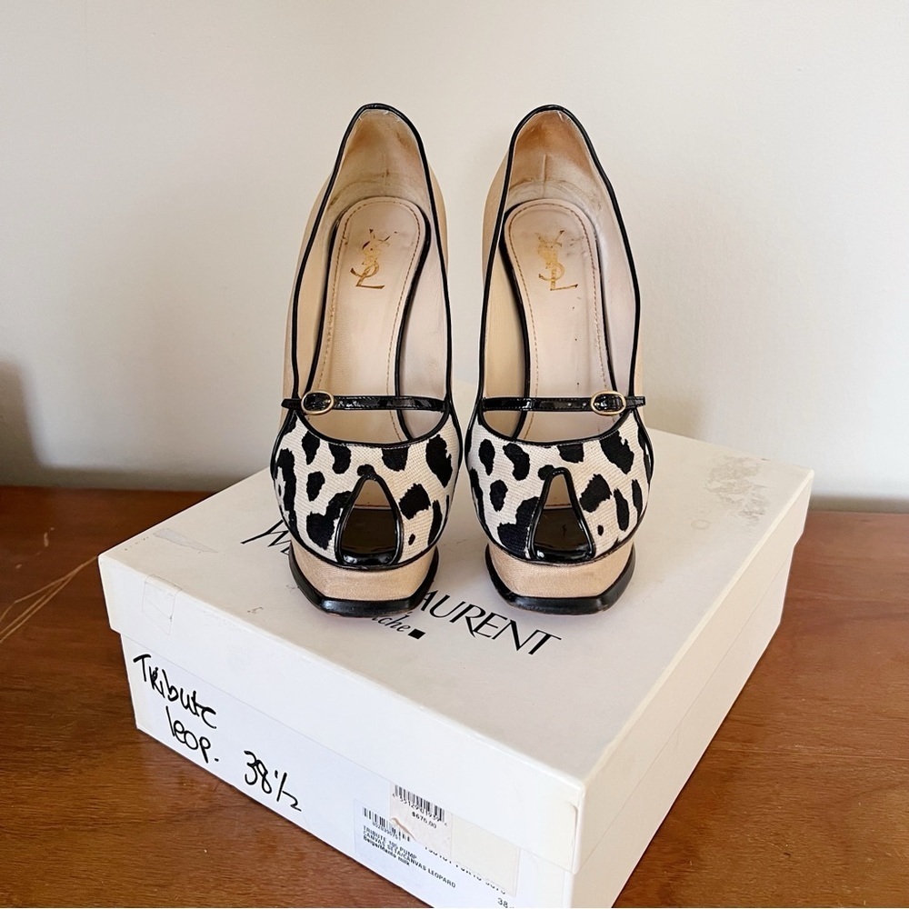YSL • Tribute 105 Pump canvas leopard Mary Jane heels patent leather platform - Picture 4 of 16